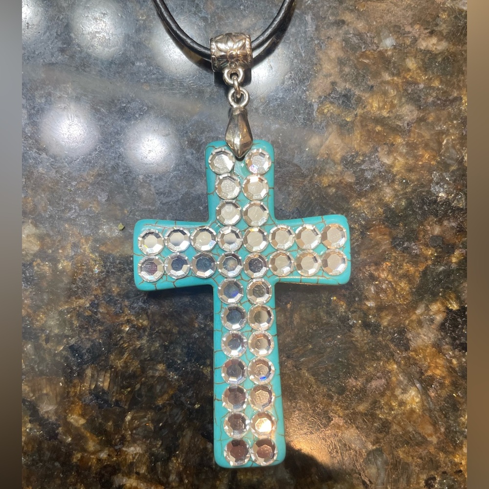 Turquoise Cross Pendant with Rhinestones